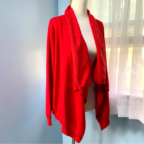 DKNY Red Open Front Sweater with Sequins - Picture 6 of 9